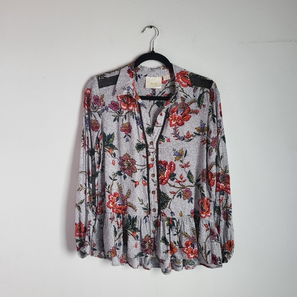 Maeve Button Down Blouse Womens 0 Gray Black Red Floral Peplum Hem Boho Business